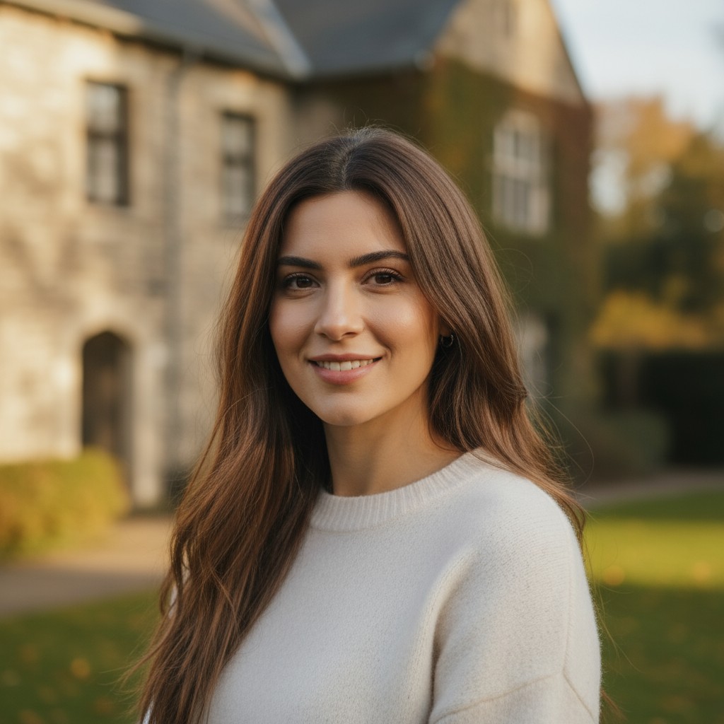 A young woman with brown eyes and long brown hair, wearing a white sweatshirt, standing in front of a blurred background o...