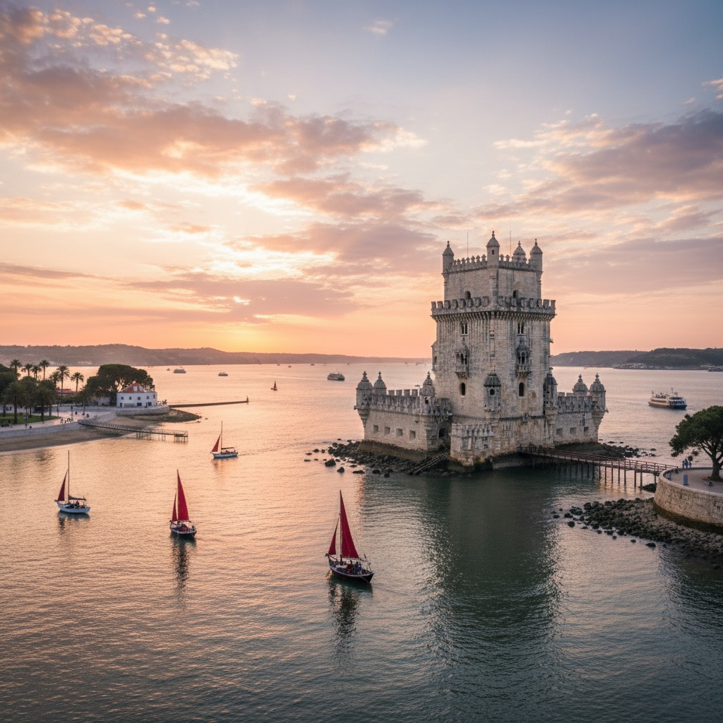 The image shows a large body of water with several boats on it, including a sailboat in the foreground. In the background ...