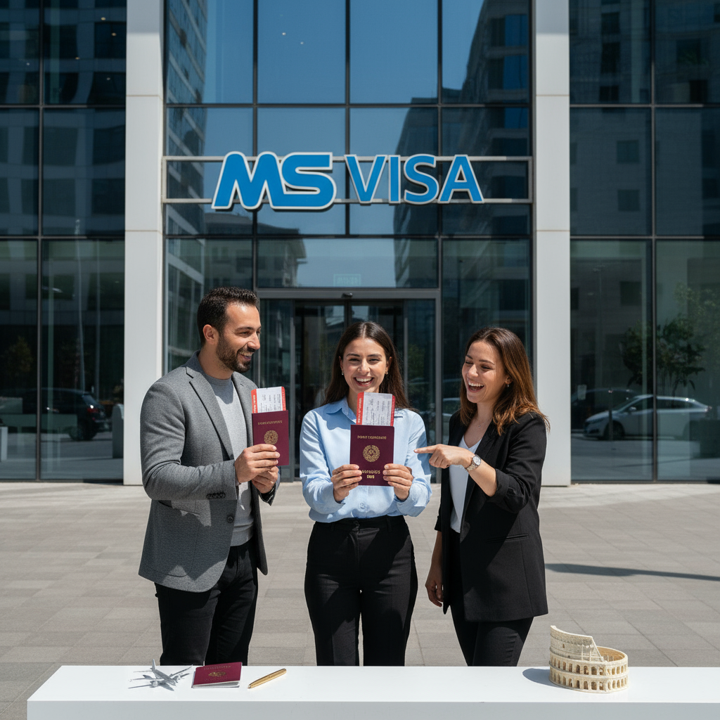 bir bina önünde, ellerinde Türk pasaportu ve uçak bileti tutan mutlu insanlar. Binanın üzerinde MS visa logosu olsun.