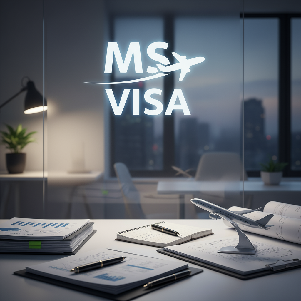 Bir ofis ortamında MS Visa logosu, evraklar ve bir uçak görseli. Modern, düzenli, profesyonel bir masa üstünde, belgeler, kalemler, ve arka planda MS Visa logosu ile birlikte bir uçak modeli veya uçağın resmi.