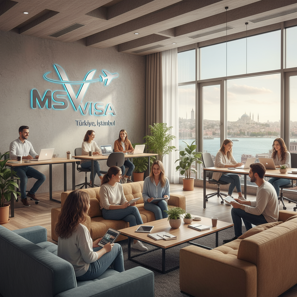 Daha samimi bir ofis ortamı, ofisin içinde genç ve mutlu insanlar, ofiste görünen bir duvarda 'MS Visa' yazılı ve uçak detaylı logo. Modern ve davetkar bir atmosfer. Türkiye, İstanbul vurgusu.