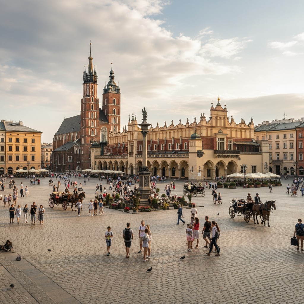 main square in Krakow, Poland with St. Mary's Basilica in the background, horse-drawn carriages, and people on the square.