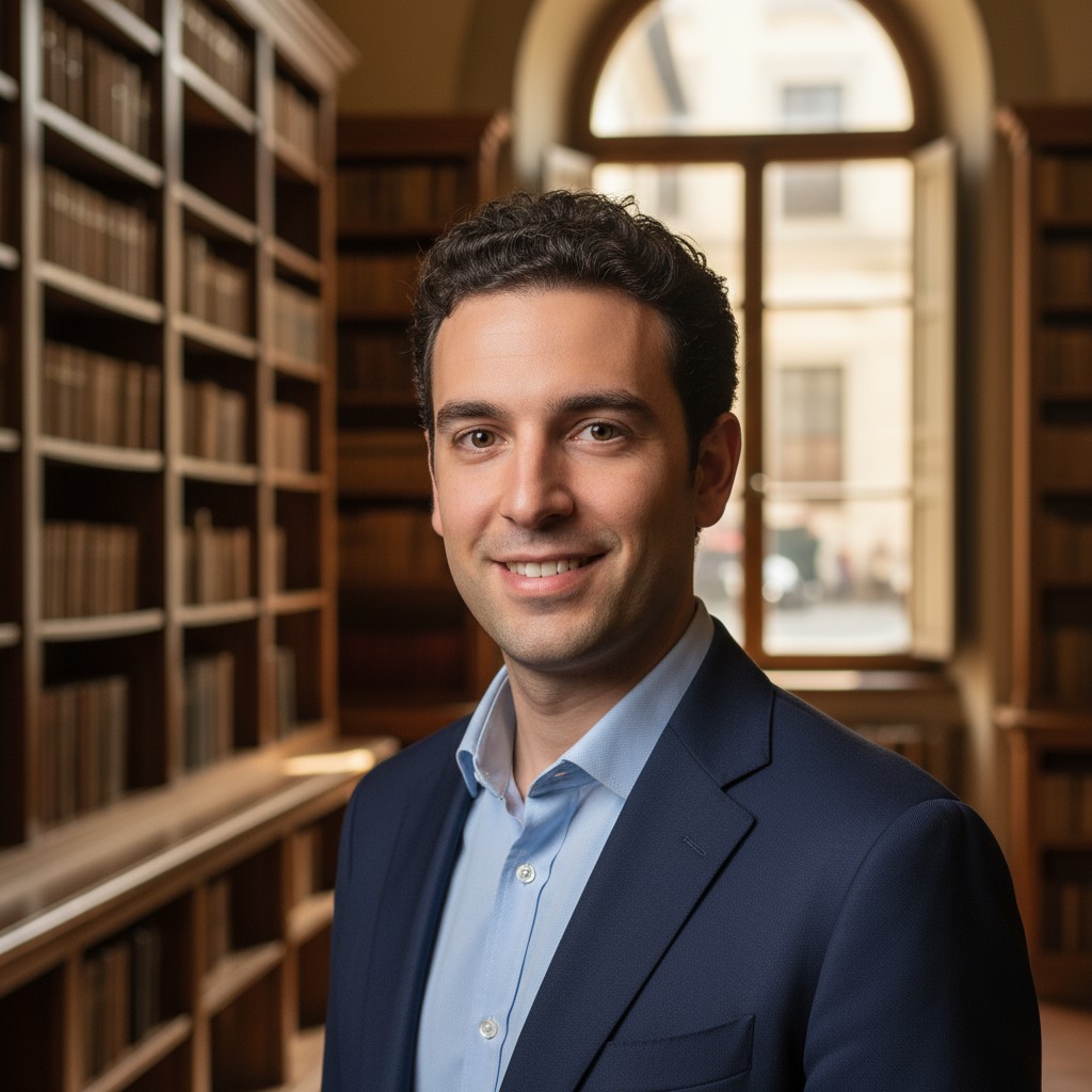 The image is an angle-portrait photograph of a man in a suit jacket is smiling. The man wears tan or brown colored eyes, s...