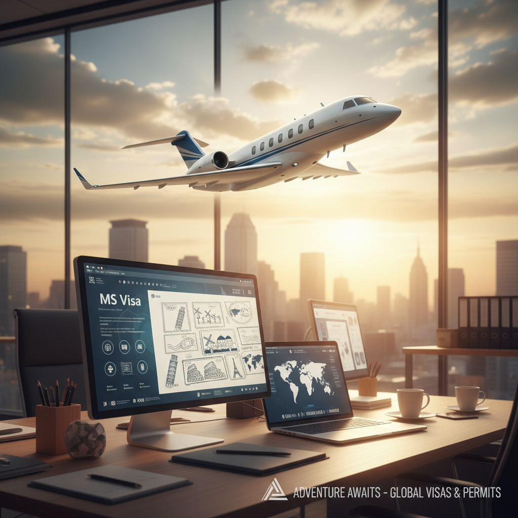 MS Visa logolu ofis ortamında bir uçak görseli