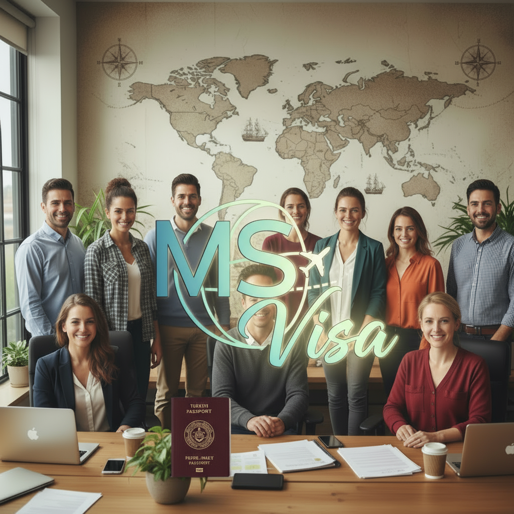 Ofis ortamında dünya haritası ve mutlu insanlar olan görselde masaya gerçekçi bir Türk pasaportu yerleştir. Görselde MS Visa logosu ve uçak detayı da olsun.