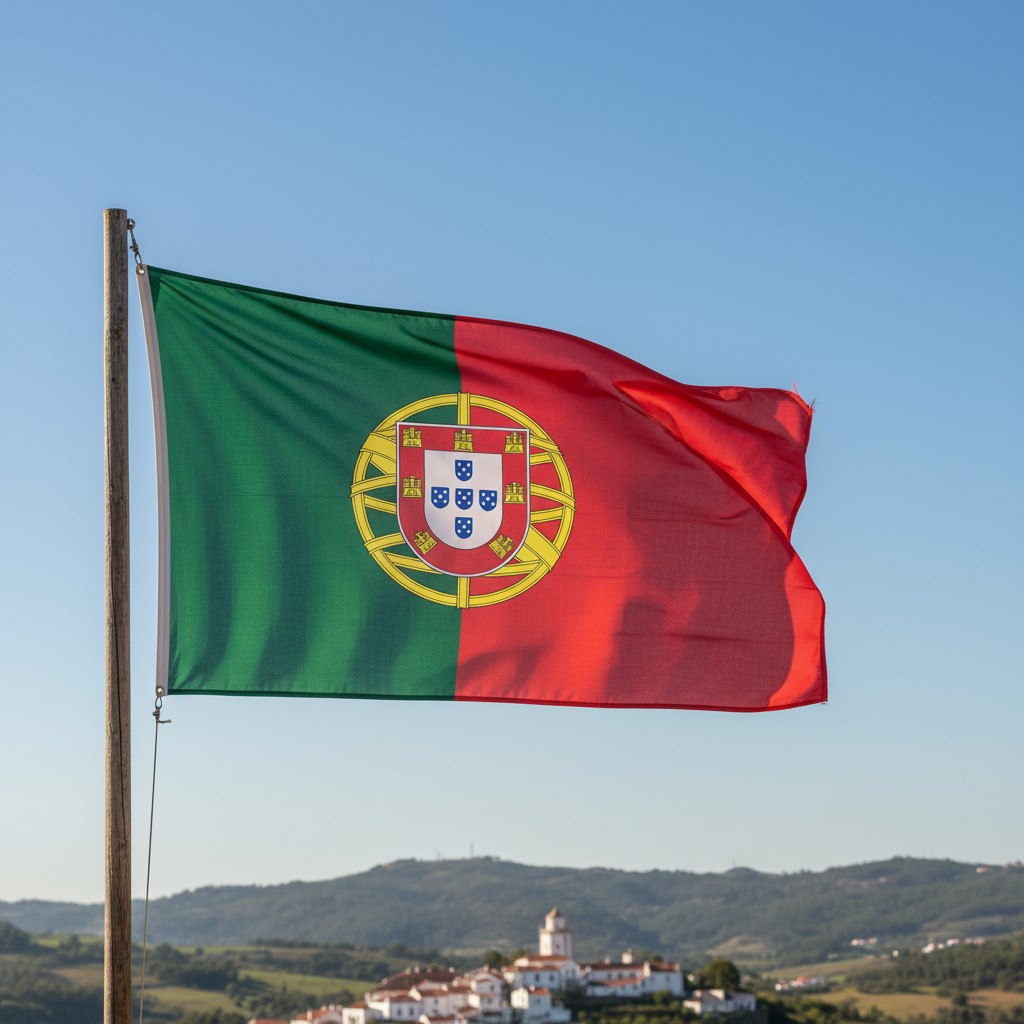 Portekiz bayrağı, geçitli bir yansımaya sahip. Gölgülenmiş tozlu bir aşınma gözükmektedir. Kuzey Afrika'dan karşıya geçen ...