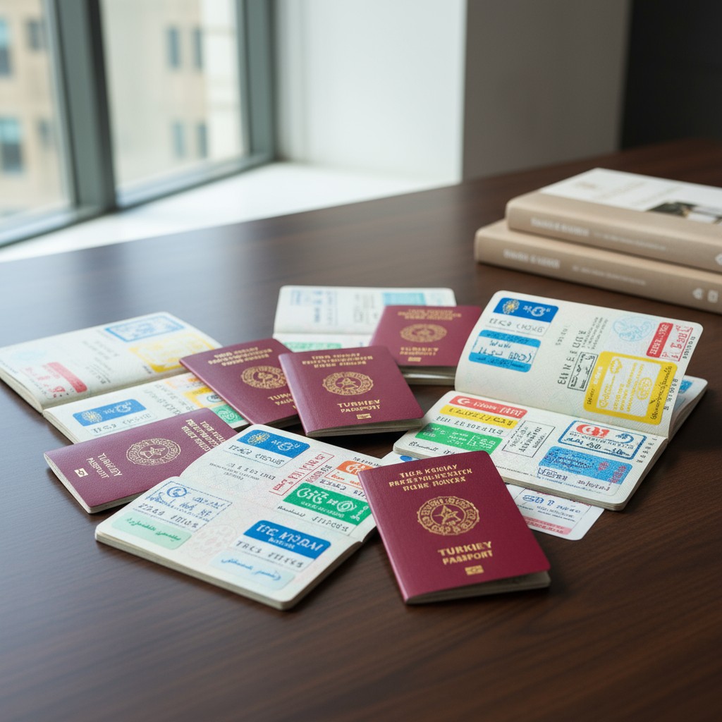 The alt text for the image is: "Table with passport stickers and documents".